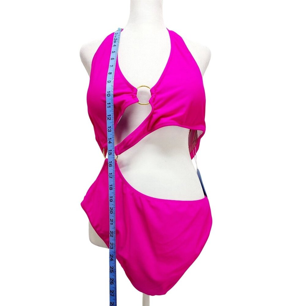 Hot Pink Cutout One-Piece Swimsuit Gold Ring  Halter Neck Tie Size XXL New - Picture 9 of 13